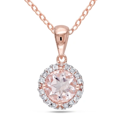 Shop Mimi & Max Morganite And 1/10 Ct Tw Diamond Halo Necklace In Rose Plated Sterling Silver