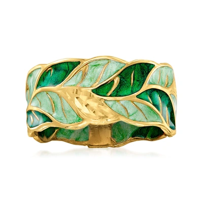 Shop Ross-simons Italian Green Enamel Leaf Ring In 14kt Yellow Gold