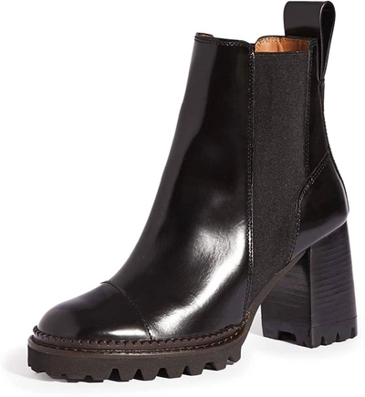 Shop See By Chloé Mallory Rubber Lug Sole Elastic Gores Leather Ankle Boots In Nero Black