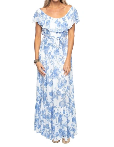 Shop Buddylove Heather Tea Party Off Shoulder Dress In Blue Floral Print