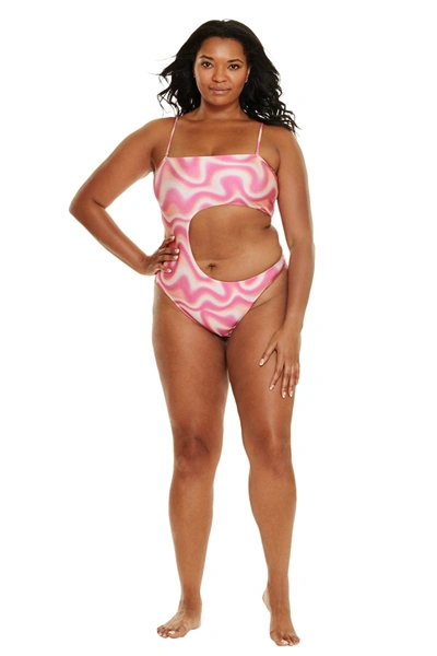 Shop Jmp The Label Ibiza Cut Out Bandeau One Piece Swimsuit - Retrowave Print In Pink