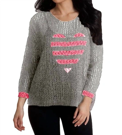 Shop French Kyss Crochet Heart Crew In Frost/pink In Grey