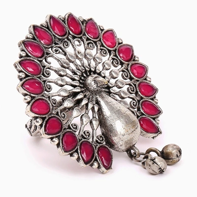 Shop Sohi Silver Lookalike Stone Peacock Ring In Red