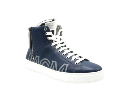 Shop Mcm Men's Estate Leather Hi Top With Trim Sneakers In Blue