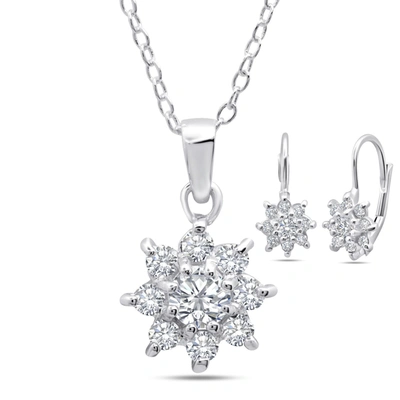 Max + Stone Sterling Silver Cubic Zirconia Flower Cluster With Center Round Stone Earring And Necklace Set,16 In In Silver