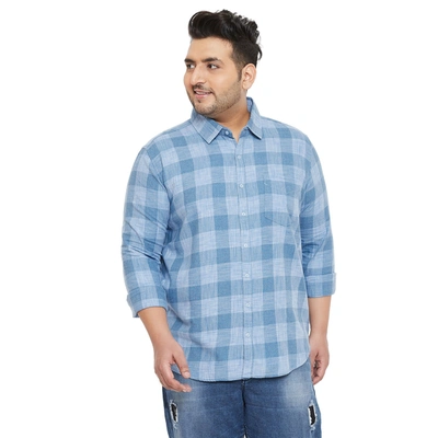 Shop Instafab Plus Men Flat Collar Checkered Full Sleeve Shirt In Blue