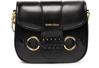 Shop See By Chloé Saddie Gold Tone Logo Foldover Top Leather Shoulder Handbag In Black