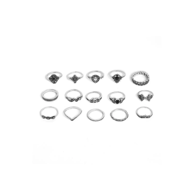 Shop Sohi Pack Of 15 Oxidised Ring In Silver