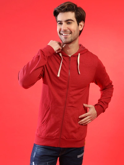 Shop Campus Sutra Men Zipper Solid Full Sleeve Stylish Casual Hooded Sweatshirts In Red