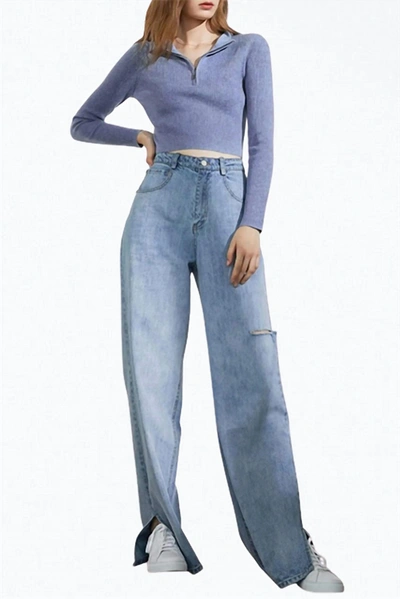 Shop J.ing Dennis Cutout Slit-hem Wide-leg Jeans In Light Blue