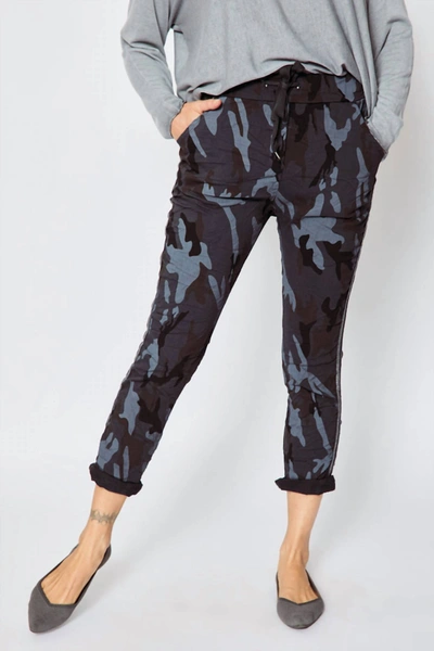 Jacqueline B Clothing Double Stripe Camo Pants In Charcoal In Grey