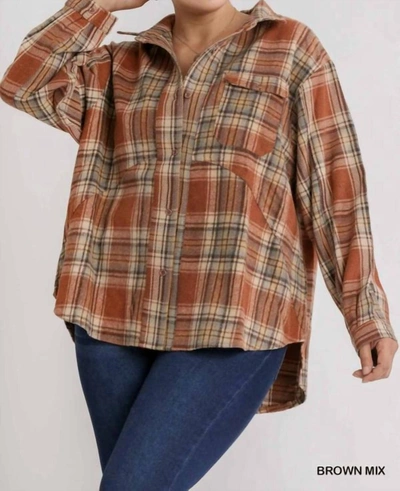 Shop Umgee Collar Button Down Overshirt In Plaid In Brown