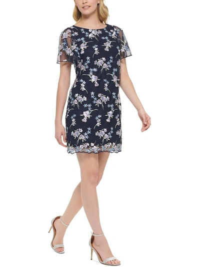 Shop Jessica Howard Petites Womens Embroidered Round Neck Sheath Dress In Blue