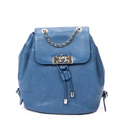 Pre-owned Chanel Cc Turnlock Flap Drawstring Backpack In Blue