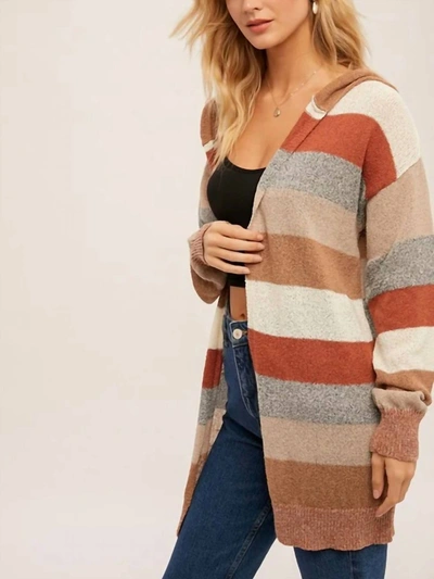 Shop Hem & Thread Stripe Color Block Open Hooded Cardigan In Taupe/rust In Brown