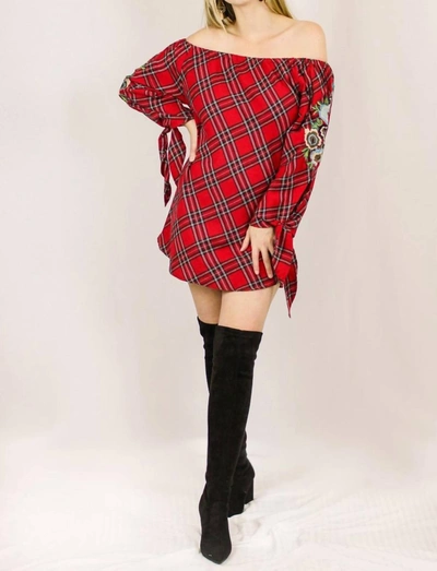 Shop Avani Del Amour Floral Embroidered Tunic In Vibrant Red Plaid