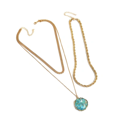 Shop Sohi Gold-plated Green Stones Pendant With 3 Chain In Blue