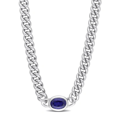 Mimi & Max 1 1/4 Ct Tgw Oval Created Blue Sapphire Curb Link Chain Necklace In Sterling Silver In Blue