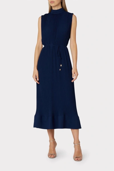 Shop Milly Melina Solid Pleated Midi Dress In Navy In Blue