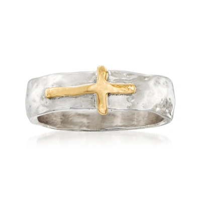 Ross-simons Sterling Silver And 14kt Yellow Gold Sideways Cross Ring In Silver