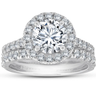 Pompeii3 3 Ct Diamond Halo Engagement Ring Matching Wedding Band Set 14k White Gold In Multi