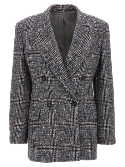 Brunello Cucinelli Double-breasted Checked Bouclé-tweed Blazer In Gray