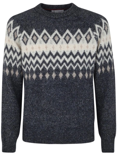 Shop Brunello Cucinelli Jacquard Crew Neck Sweater Clothing In Blue