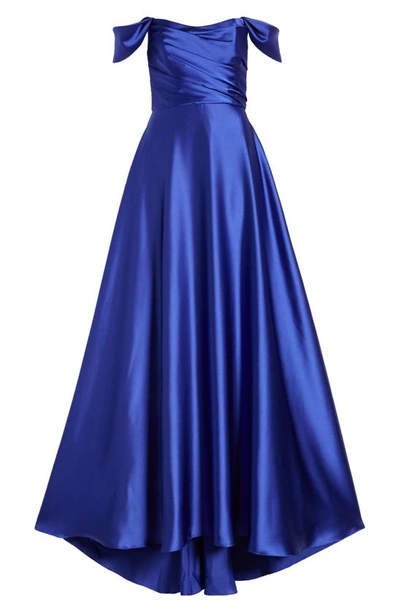 Shop Amsale Off The Shoulder Satin Gown In Cobalt