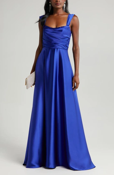 Shop Amsale Off The Shoulder Satin Gown In Cobalt