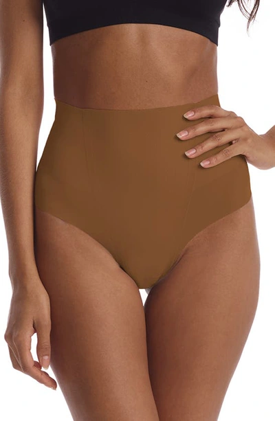 Shop Commando Zone Smoothing High Waist Thong In Caramel