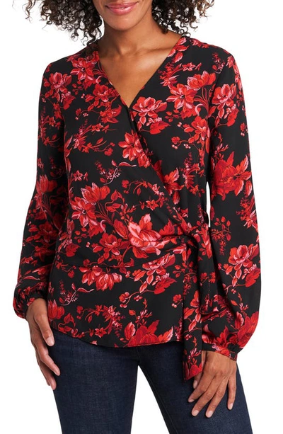 Shop Vince Camuto Victorian Blooms Tie Front Long Sleeve Blouse In Rich Black