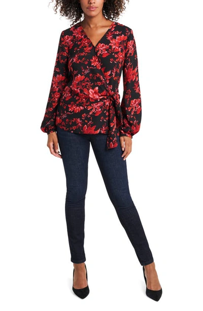 Shop Vince Camuto Victorian Blooms Tie Front Long Sleeve Blouse In Rich Black