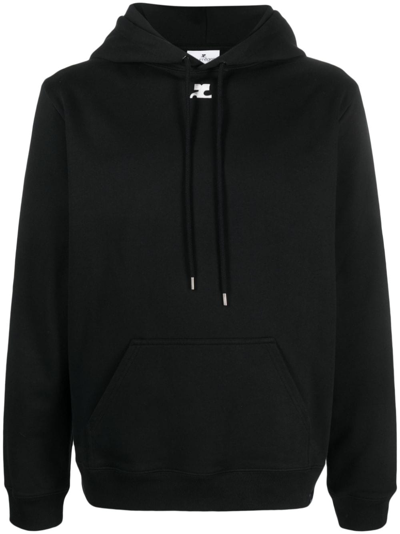 Shop Courrèges Logo-embroidered Drawstring Cotton Hoodie In Black
