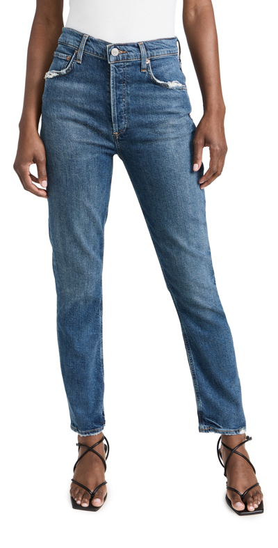 Shop Agolde Riley Long: High Rise Straight Jeans Pose