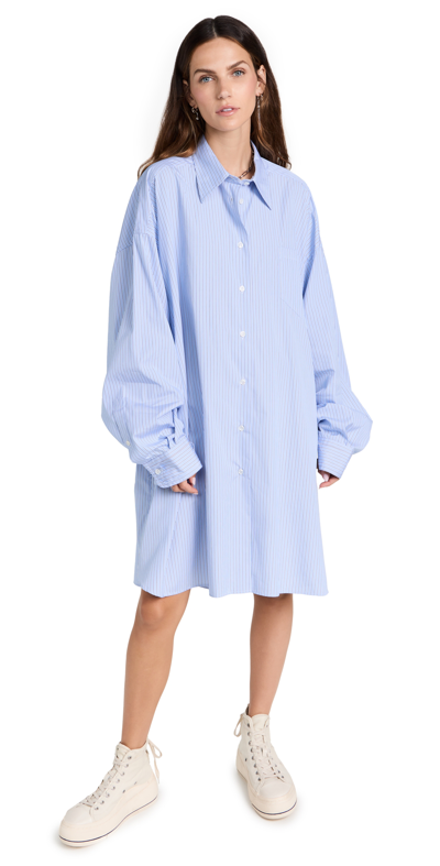 Maison Margiela Poplin Shirt Dress In White & Blue Stripes