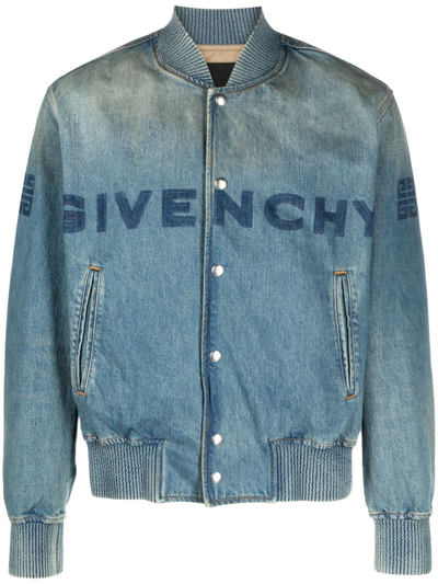 Shop Givenchy Blue Logo-print Denim Bomber Jacket