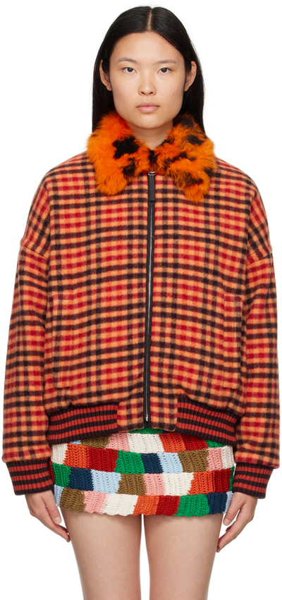 Shop Marni Orange Check Shearling Bomber Jacket In Chr31 Light Orange
