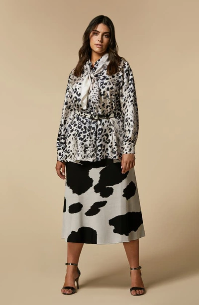 Shop Marina Rinaldi Leopard Print Silk Twill Button-up Shirt In Grey