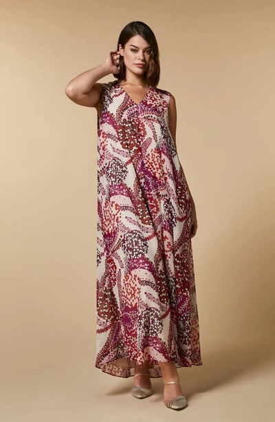Shop Marina Rinaldi Abstract Floral Sleeveless Silk Georgette Maxi Dress In Beige