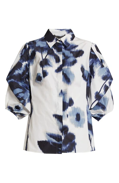 Shop Marina Rinaldi Floral Taffeta Button-up Shirt In Blue Multi
