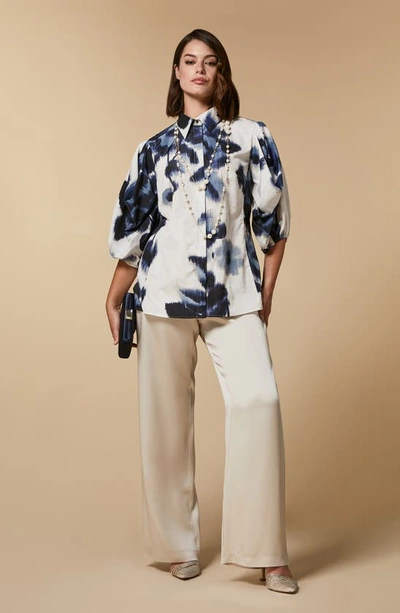 Shop Marina Rinaldi Floral Taffeta Button-up Shirt In Blue Multi