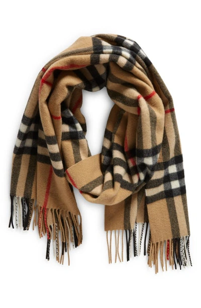 Burberry Giant Check Washed Cashmere Fringe Scarf In Archive Beige