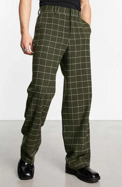 Shop Asos Design High Waist Windowpane Smart Trousers In Dark Green