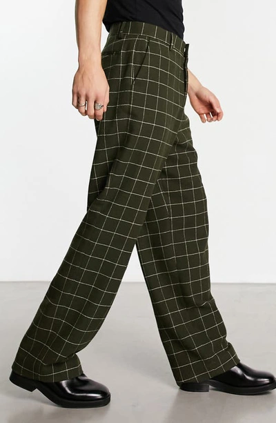 Shop Asos Design High Waist Windowpane Smart Trousers In Dark Green