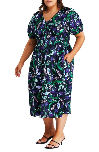 Estelle Ultraviolet Floral Cotton Midi Dress In Print