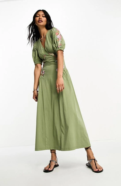 ASOS DESIGN EMBROIDERED PUFF SLEEVE COTTON MIDI DRESS 