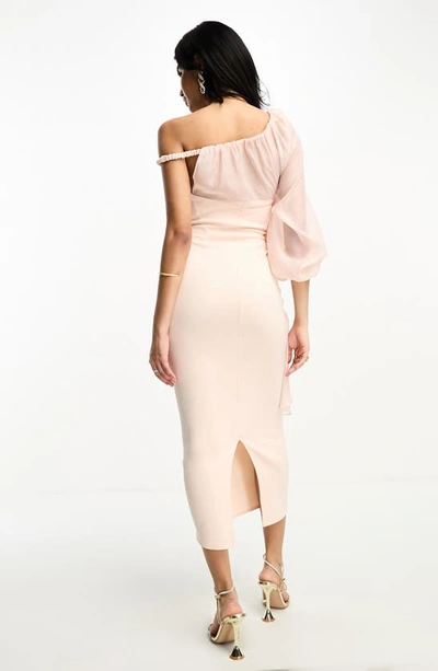 Shop Asos Design One-shoulder Textured Organza Cocktail Midi Dress In Light Pink
