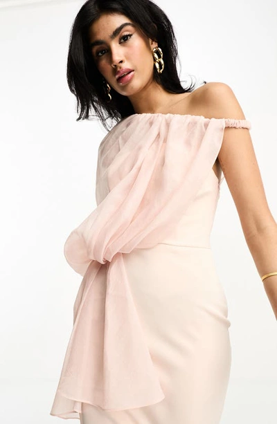 Shop Asos Design One-shoulder Textured Organza Cocktail Midi Dress In Light Pink