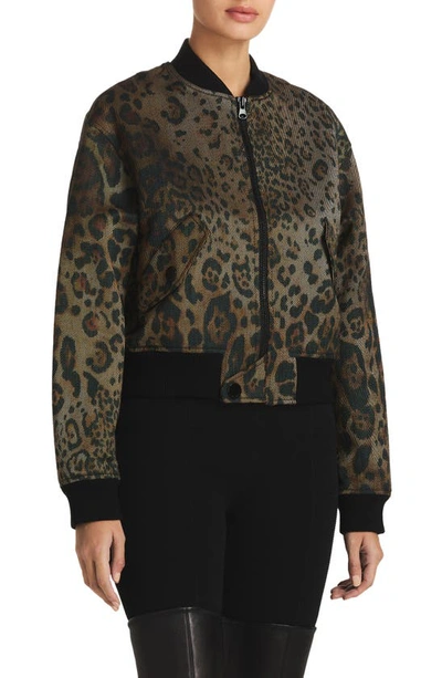 Shop St John Leopard Print Cotton Blend Twill Bomber Jacket In Black/ Vicuna Multi