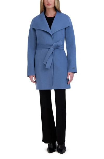 Shop Tahari Ella Double Face Wool Belted Coat In French Blue